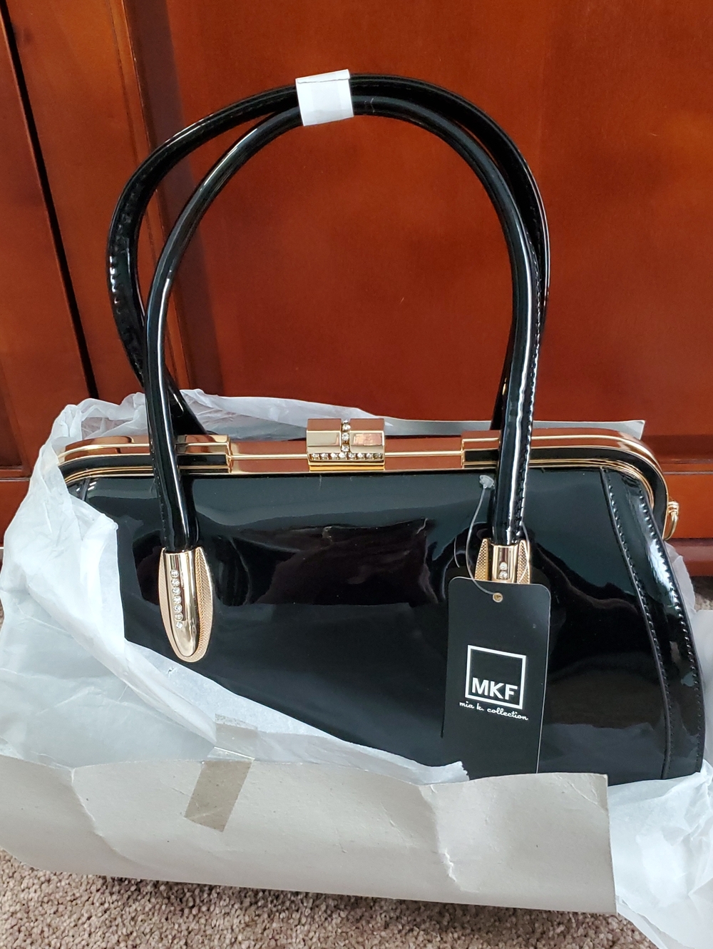 BRAND NEW!!  MFK (mia k. collection) Black Patent Satchel with Gold Hardware